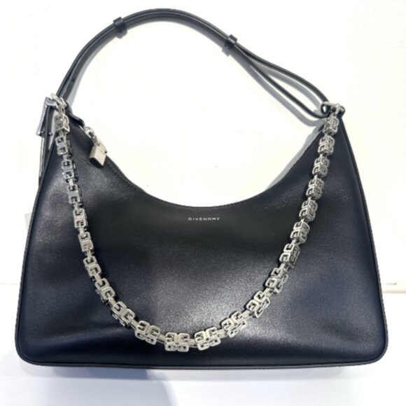 Givenchy Moon Cutout Logo Chain Shoulder Bag 2Way Black Leather - Picture 1 of 8